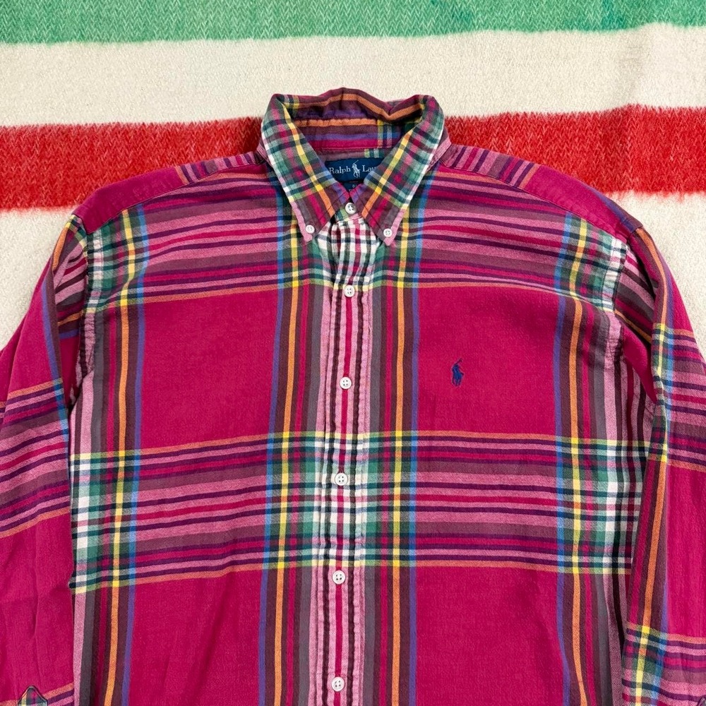 Ralph Lauren Blake Plaid Flannel Shirt Mens Large Pink Multi Color Button Down